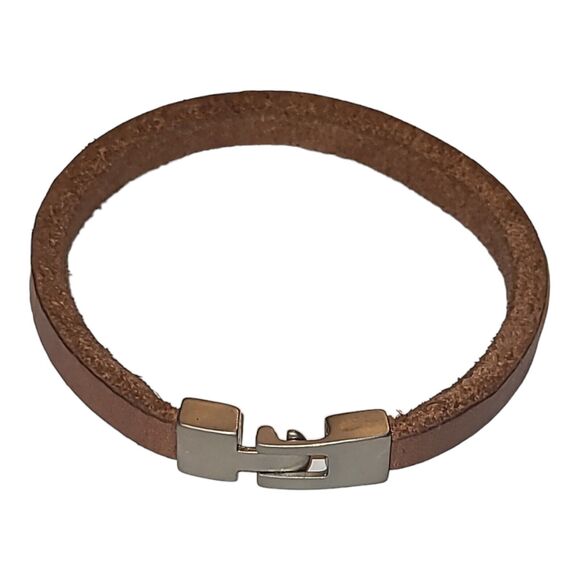 Brown/Tan Leather Bracelet Stainless Steel Clasp Lion Head Profile Signature 8" - Picture 8 of 9